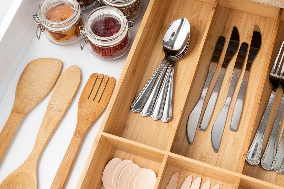 A neatly organized kitchen drawer featuring wooden utensils, silver cutlery, and jars of spices.