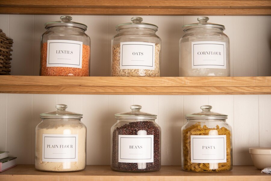 Six glass jars labeled with lentils, oats, cornflour, plain flour, beans, and pasta arranged on wooden shelves.