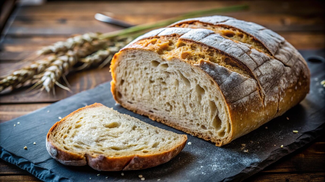 A sliced loaf of rustic bread with a golden crust and airy crumb displayed on a dark slate board, accompanied by wheat stalks.