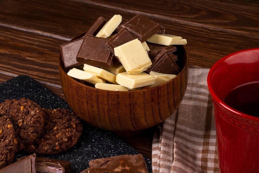 A wooden bowl filled with dark and white chocolate squares beside a plate of cookies and a red mug on a checkered towel.