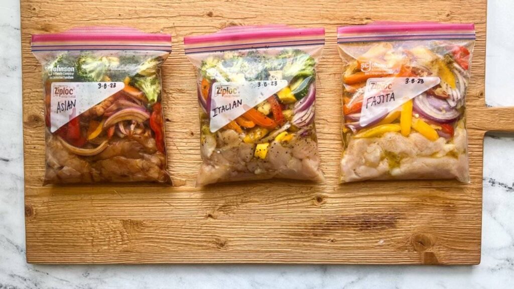 Three labeled ziplock bags on a wooden cutting board, containing marinated chicken and vegetables for Asian, Italian, and Fajita dishes.
