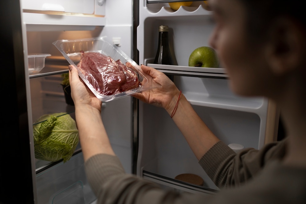 A person holds a packaged piece of meat while reaching into an open refrigerator, stocked with vegetables and fruits.