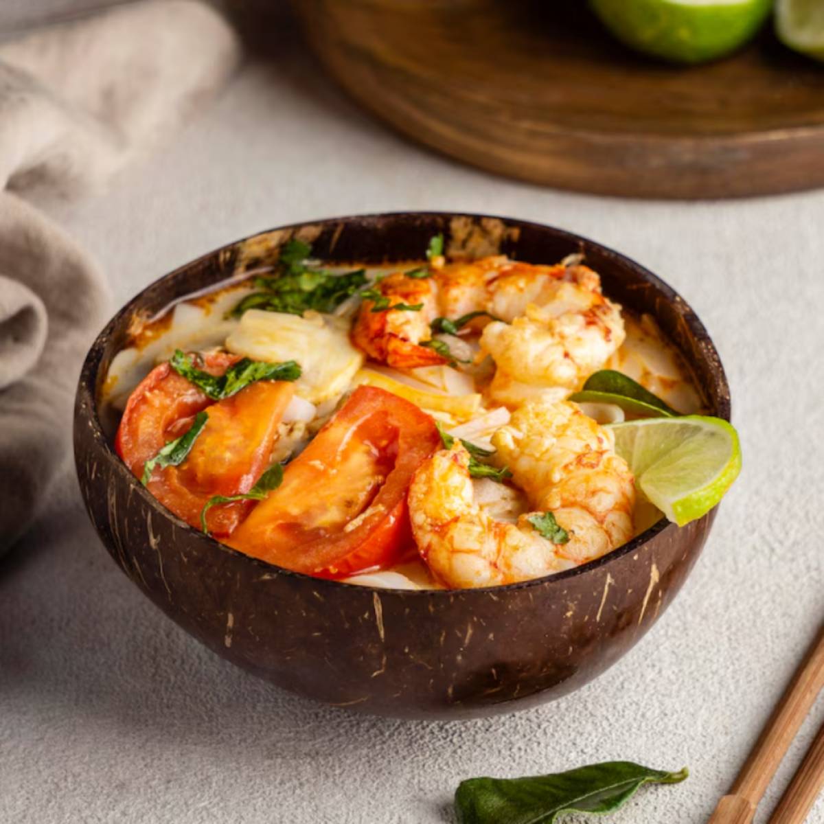 A coconut bowl filled with shrimp, tomatoes, and herbs, garnished with lime wedges, set on a textured surface with wooden utensils.